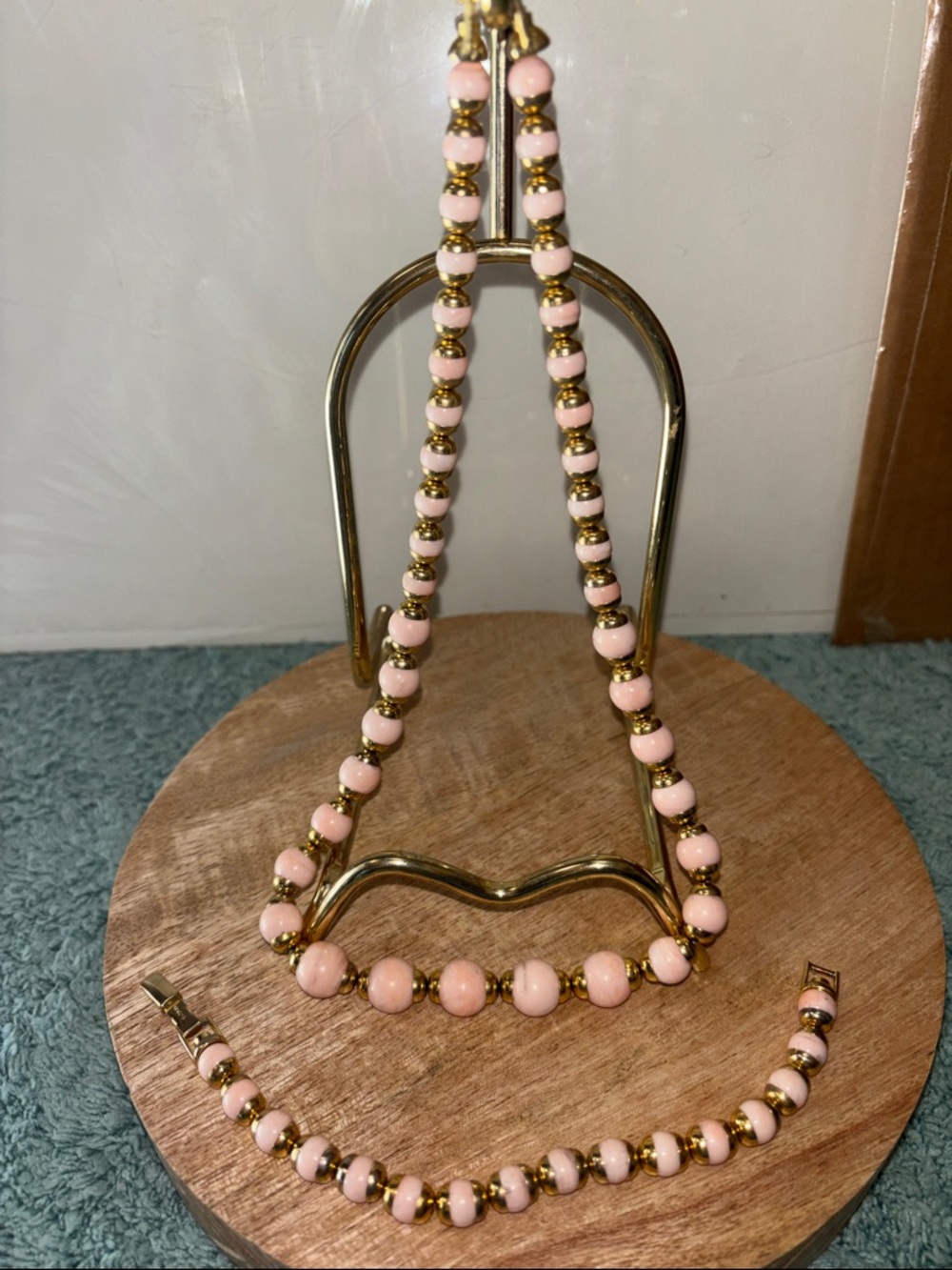 Pink Beaded Gold Accent Necklace and Bracelet Set vintage Avon